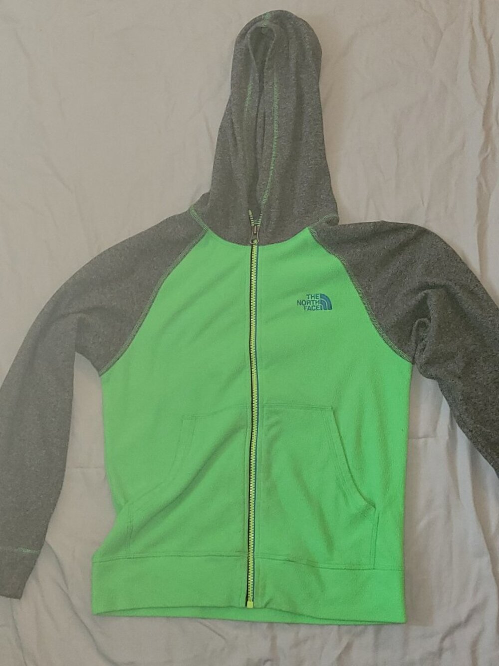 THE NORTH FACE Jacket Boys 10-12 Gray & Green Pocket Fleece Full Zip Hooded